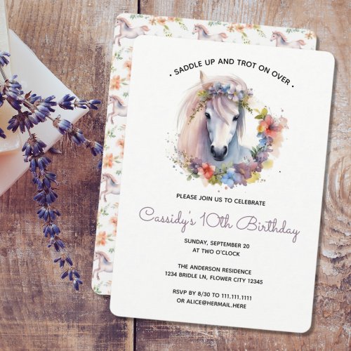 Cute Horse Pony Flowers Kids Birthday Party Invitation