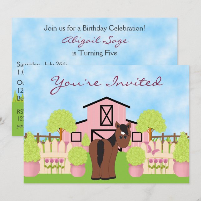 Cute Horse ~ Pretty Pink Barn Birthday Invitation (Front/Back)