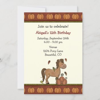 Cute Horse  Pumpkins  Autumn Leaves Fall Birthday Invitation by TheCutieCollection at Zazzle