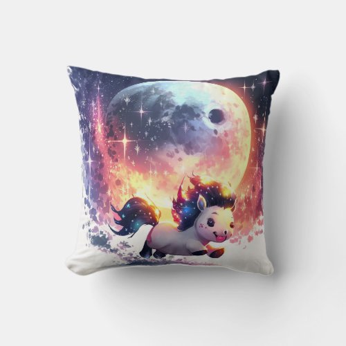 Cute Horse Running under Colorful Full Moon Throw Pillow