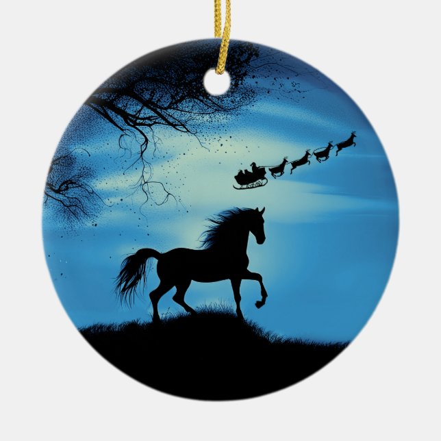 Cute Horse Santa and Reindeer Sleigh Christmas Ceramic Ornament (Front)