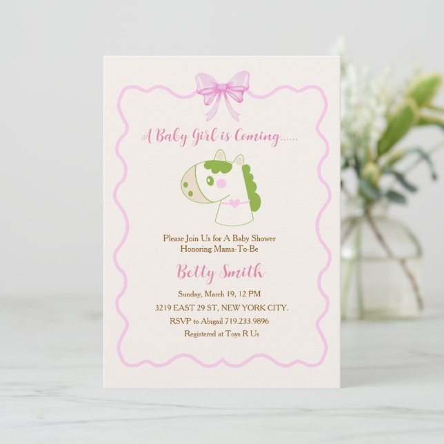 Cute Horse Theme Personalized Girl Baby Shower  Invitation (Standing Front)