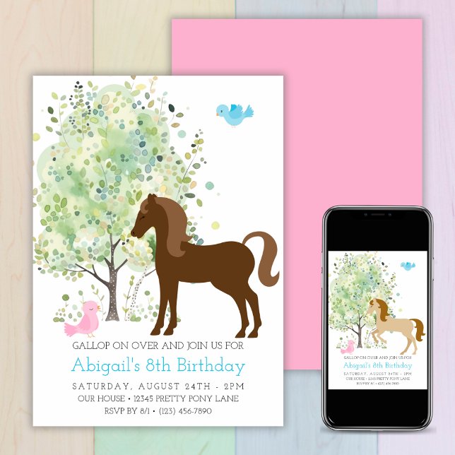 Cute Horse, Trees, Pony Rides Equestrian Birthday Invitation (Cute Horse, Trees, Pony Rides Equestrian Birthday Invitation)