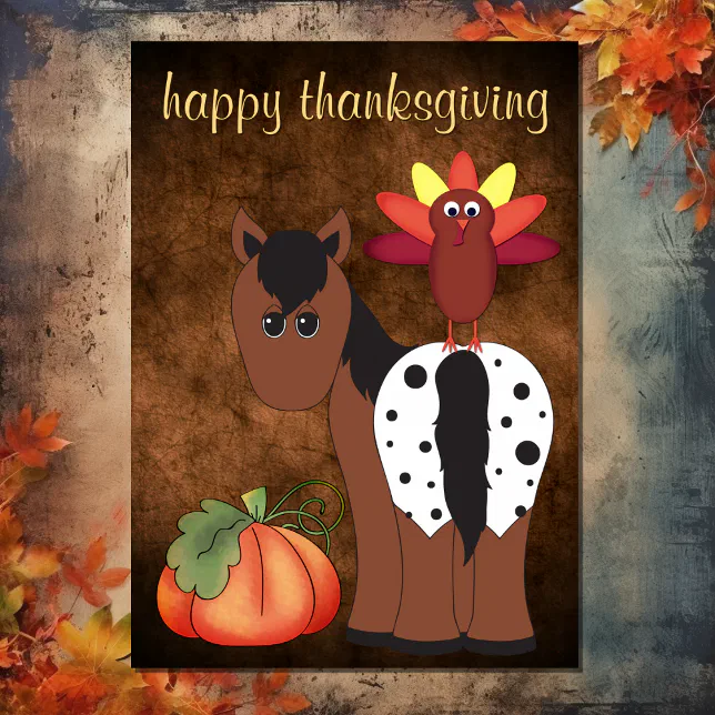 Cute Horse, Turkey and Pumpkin Thanksgiving Holiday Card | Zazzle