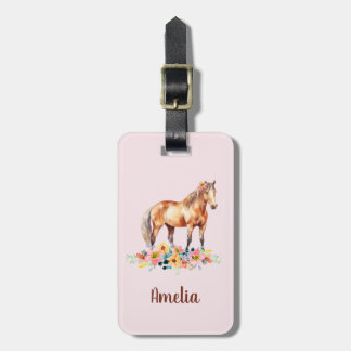 Cute Horse Watercolor Floral Pink Name Luggage Tag