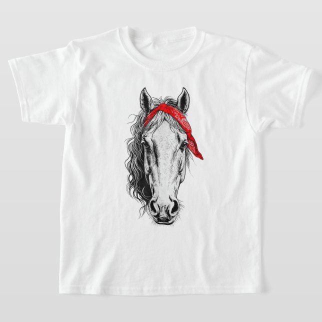 Cute Horse wears western Red Bandana T-Shirt (Laydown)