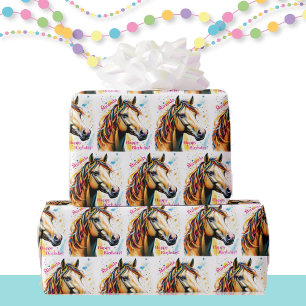 Cute Horse with Birthday Ribbons Add Name Wrapping Paper