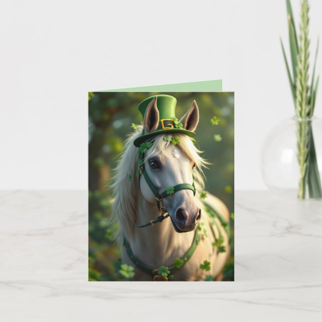 Cute horse with green hat, bridle and shamrocks holiday card (Front)