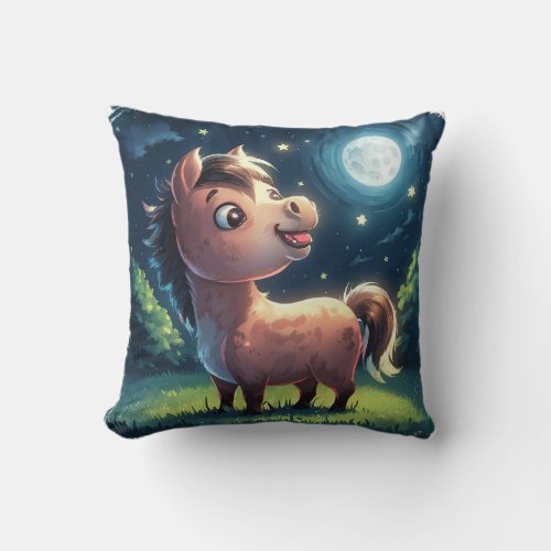 Cute Horse with Pony Looking at Full Moon Light Throw Pillow