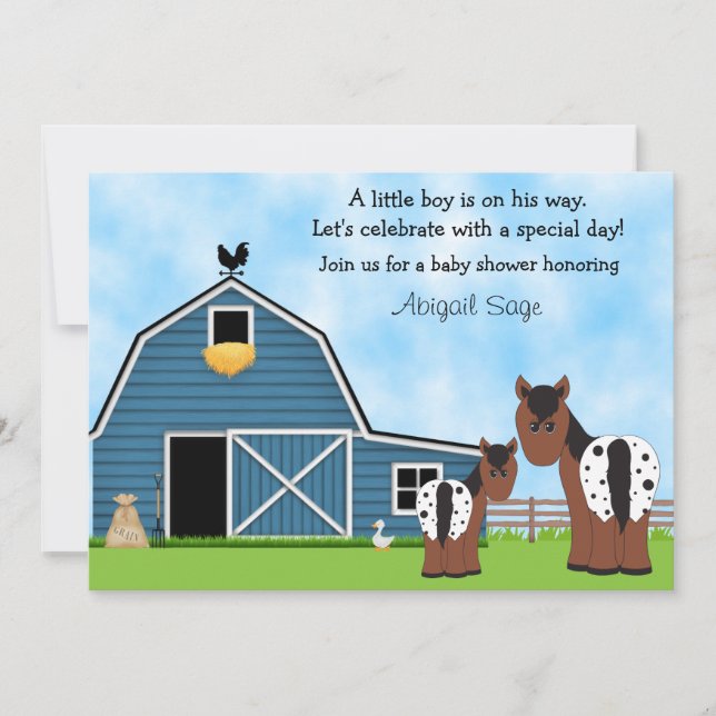 Cute Horses and Barn Boys Baby Shower Invitation (Front)
