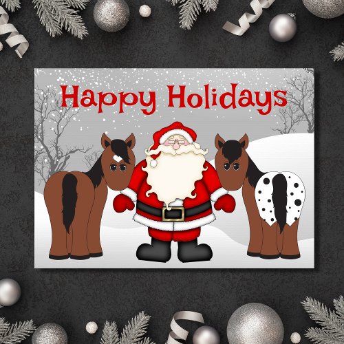 Cute Horses and Santa in the Snow Christmas Holiday Card