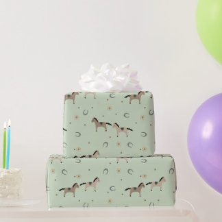 Cute Horses & Horseshoes Kids Birthday Sage Green Wrapping Paper