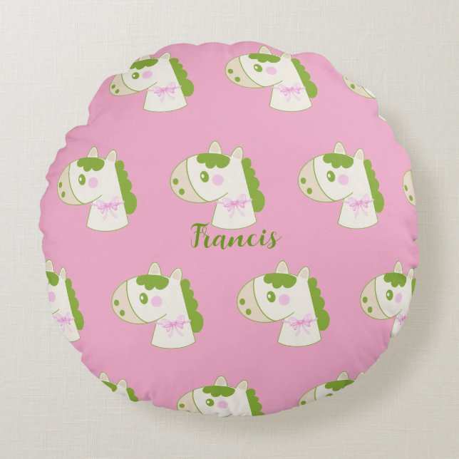 Cute Horses Personalized Pastel Round Pillow (Front)