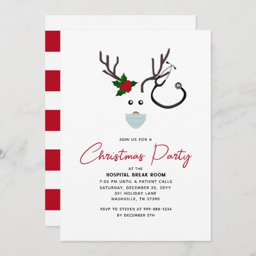 Cute Hospital Christmas Party Red Reindeer Invitation