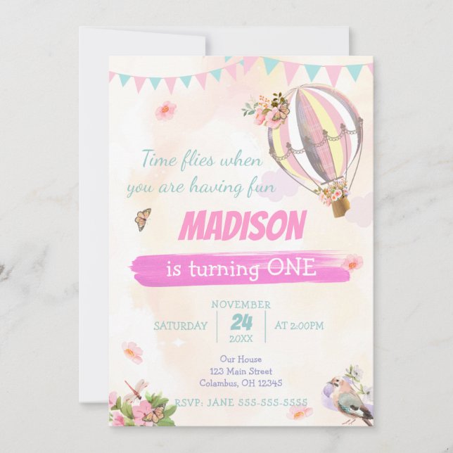 Cute Hot Air Balloon 1st Watercolor Birthday RSVP Invitation (Front)