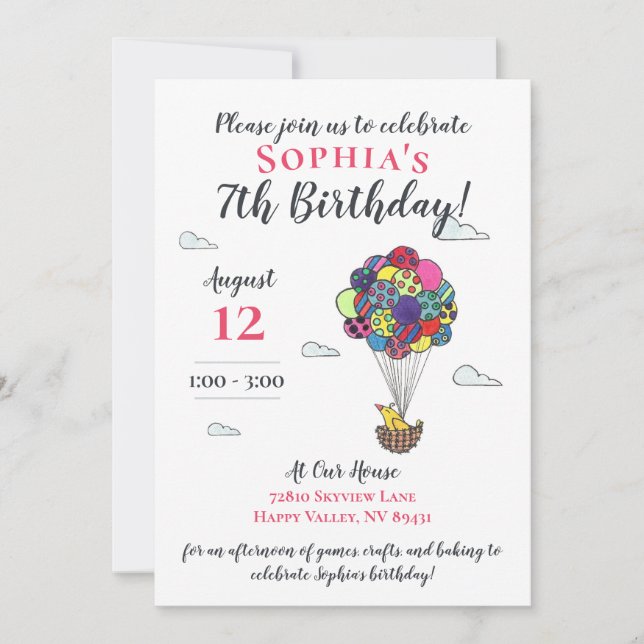 Cute Hot Air Balloon Bird Nest Birthday Invitation (Front)
