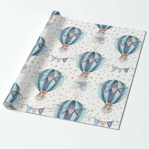 Cute Hot Air Balloon Blue Baby Boy Shower Gift Wrapping Paper