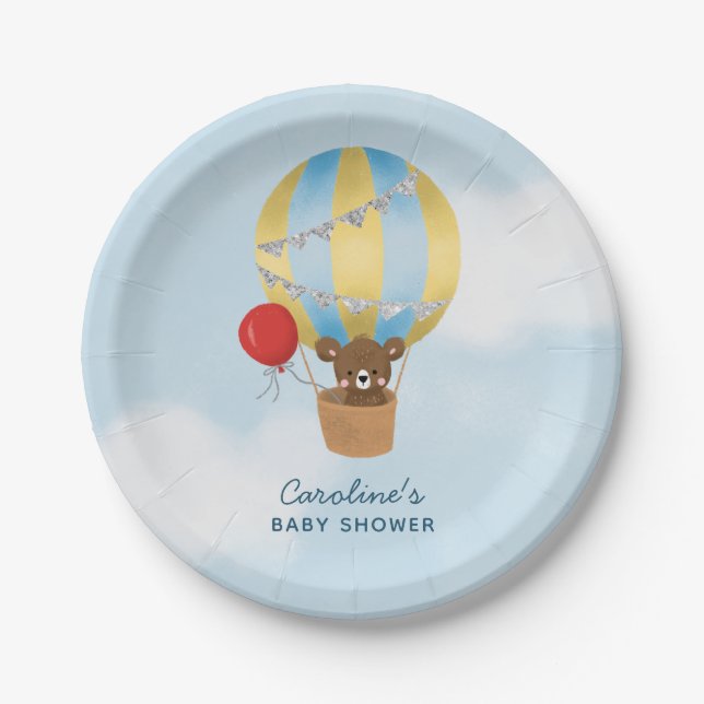 Cute Hot Air Balloon Boy Baby Shower Paper Plates (Front)