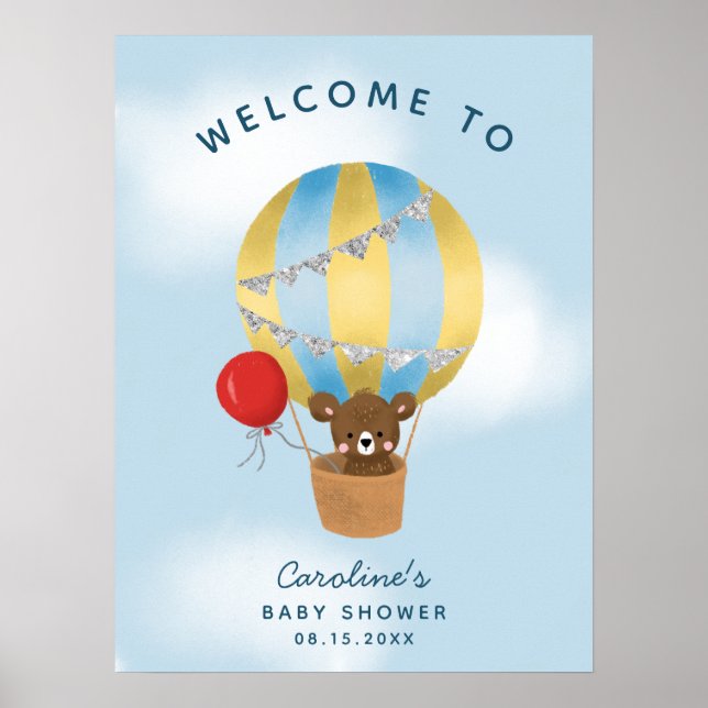 Cute Hot Air Balloon Boy Baby Shower Welcome Sign (Front)