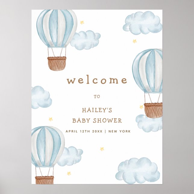 Cute Hot Air Balloon Cloud Boy Baby Shower Welcome Poster (Front)