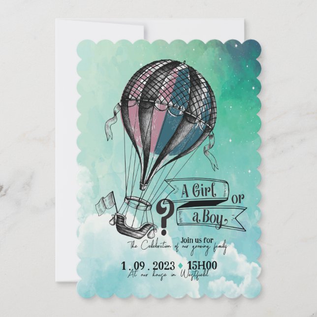 Cute HOT AIR BALLOON GENDER REVEAL INVITATION (Front)