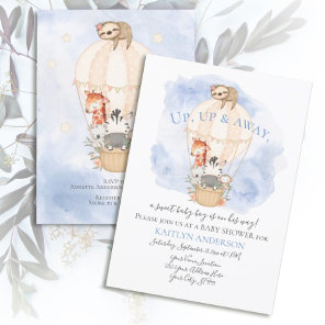 Cute Hot Air Balloon Giraffe Sloth Zebra Blue Boy  Invitation
