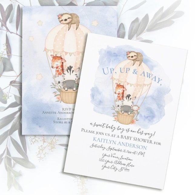 Cute Hot Air Balloon Giraffe Sloth Zebra Blue Boy  Invitation (Creator Uploaded)