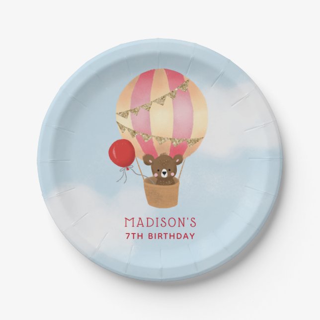 Cute Hot Air Balloon Girl Birthday Party Paper Plates (Front)