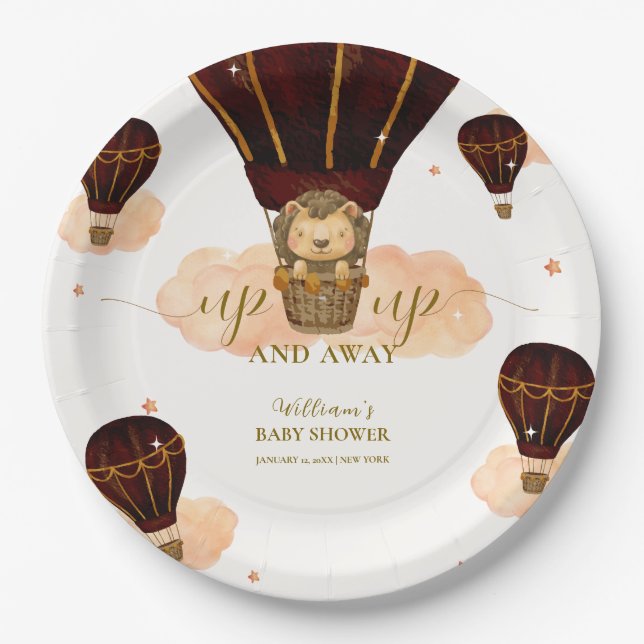 Cute Hot Air Balloon Jungle Lion Boy Baby Shower  Paper Plates (Front)