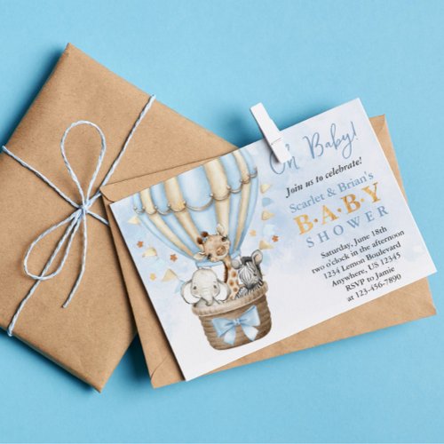 Cute Hot Air Balloon Safari Animals Baby Shower Invitation