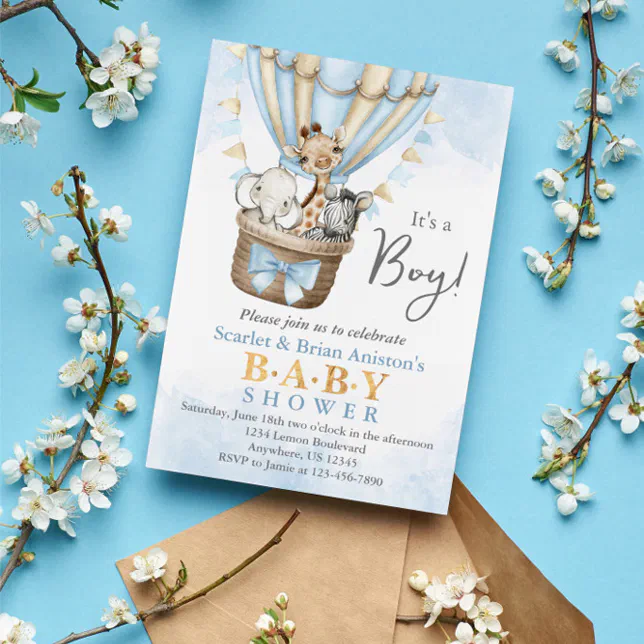 Cute Hot Air Balloon Safari Animals Baby Shower Invitation | Zazzle