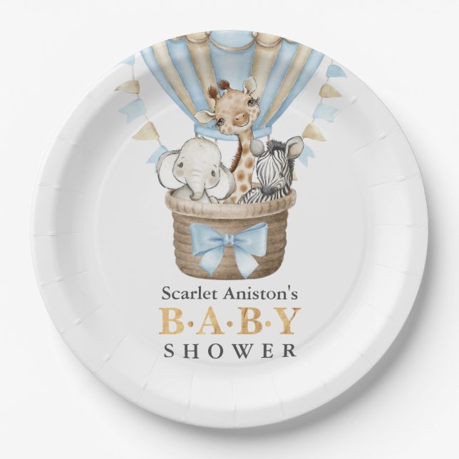 Cute Hot Air Balloon Safari Animals Baby Shower  Paper Plates (Front)