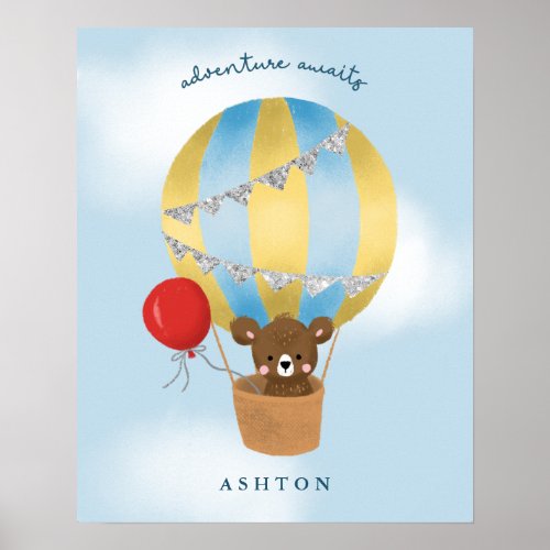 Cute Hot Air Balloon Teddy Bear Blue Poster