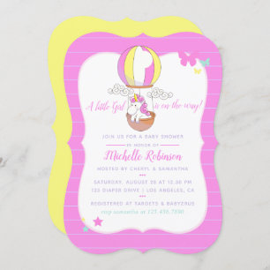 Cute Hot Air Balloon Unicorn Baby Girl Shower Invitation
