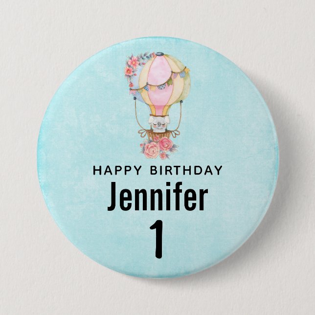 Cute Hot Air Balloon Watercolor Birthday Button (Front)