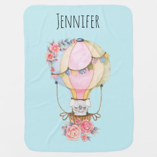 Cute Hot Air Balloon with Bear Watercolor  Baby Bl Baby Blanket