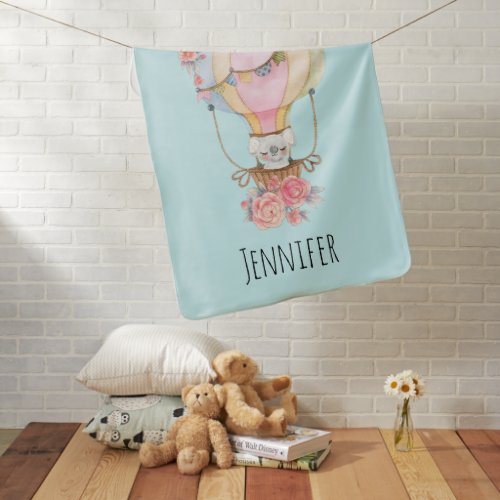 Cute Hot Air Balloon with Bear Watercolor  Baby Bl Baby Blanket