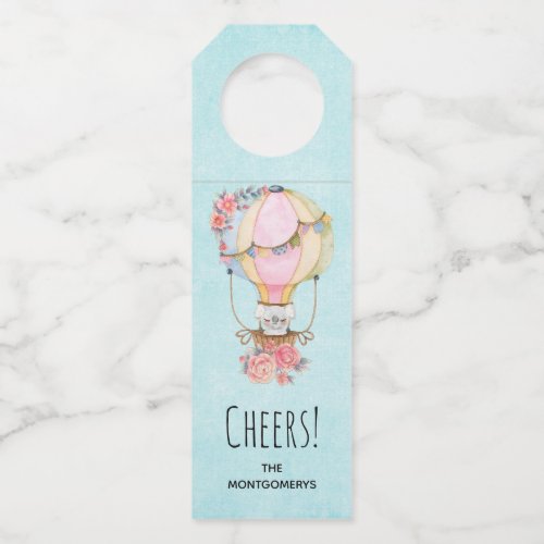 Cute Hot Air Balloon with Bear Watercolor Bottle Hanger Tag