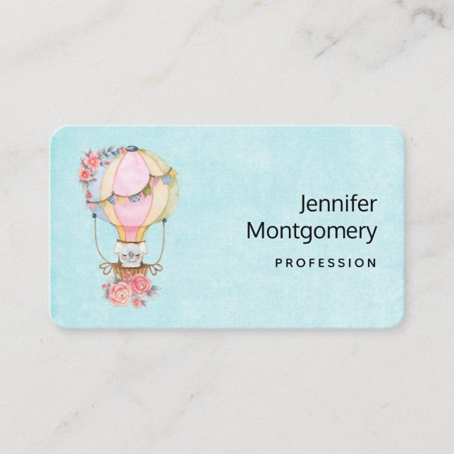 Cute Hot Air Balloon with Bear Watercolor Business Card (Front)