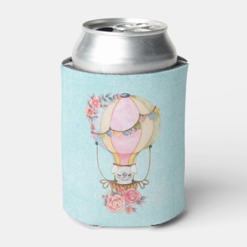 Cute Hot Air Balloon with Bear Watercolor Can Cooler