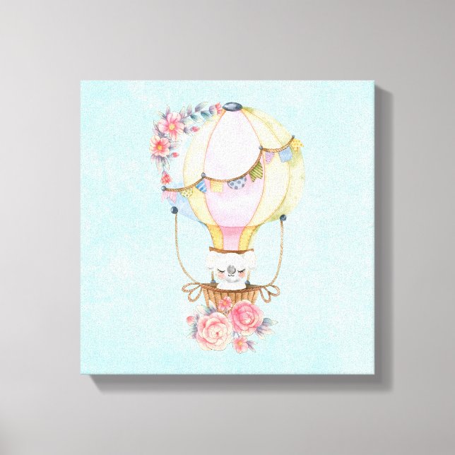 Cute Hot Air Balloon with Bear Watercolor Canvas Print (Front)