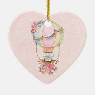 Cute Hot Air Balloon with Bear Watercolor Ceramic Ornament