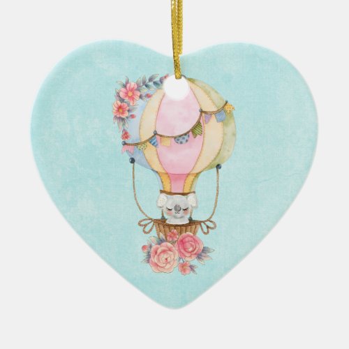 Cute Hot Air Balloon with Bear Watercolor Ceramic Ornament