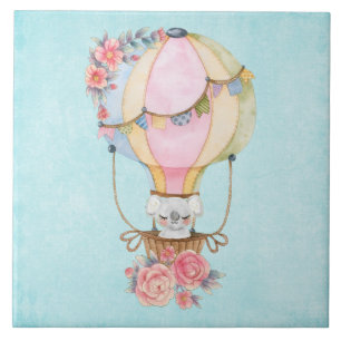Cute Hot Air Balloon with Bear Watercolor Ceramic Tile