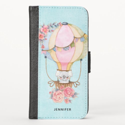 Cute Hot Air Balloon with Bear Watercolor iPhone X Wallet Case