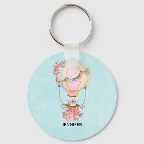 Cute Hot Air Balloon with Bear Watercolor Keychain