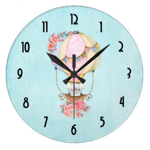 Cute Hot Air Balloon with Bear Watercolor Large Clock