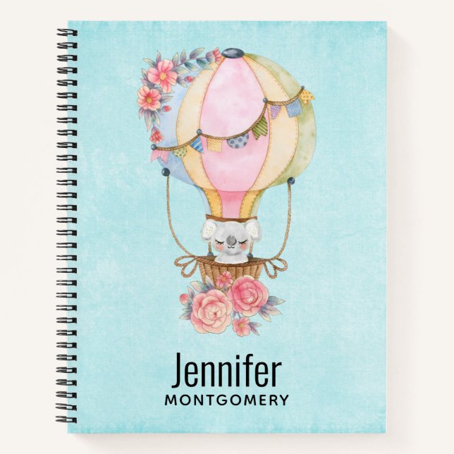 Cute Hot Air Balloon with Bear Watercolor Notebook (Front)