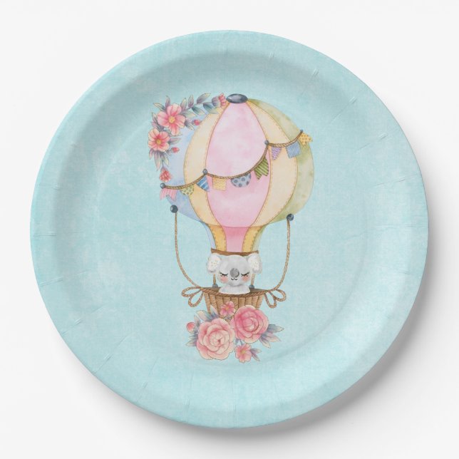 Cute Hot Air Balloon with Bear Watercolor  Paper Plates (Front)