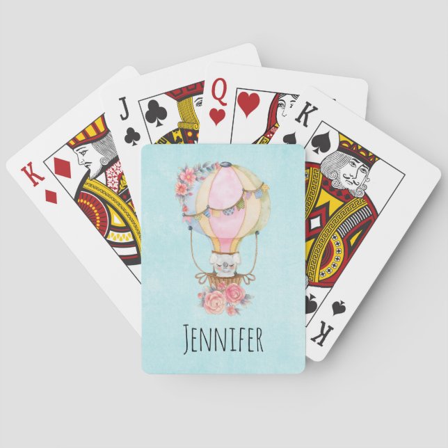 Cute Hot Air Balloon with Bear Watercolor Poker Cards (Back)